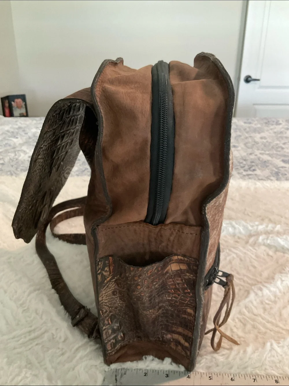 Brown Leather & Hair-calf, Alligator Backpack with Copper Accents